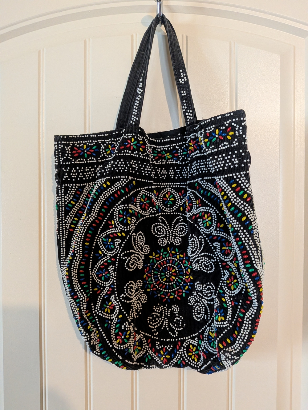 Vintage Early 80s Black Tote Bag with Multicolor Beaded Design